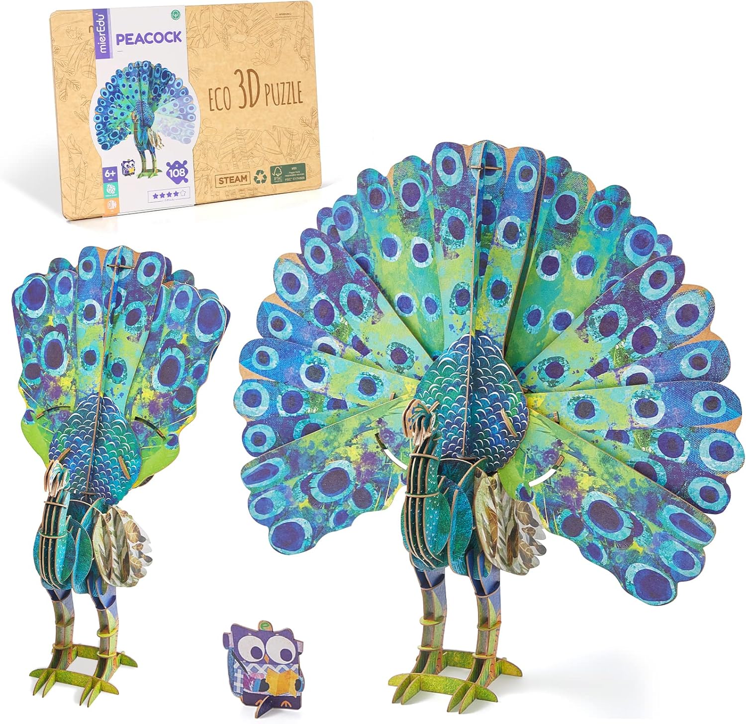 MierEdu Bewegliches Eco 3D Puzzle Kinder – Peacock Pfau