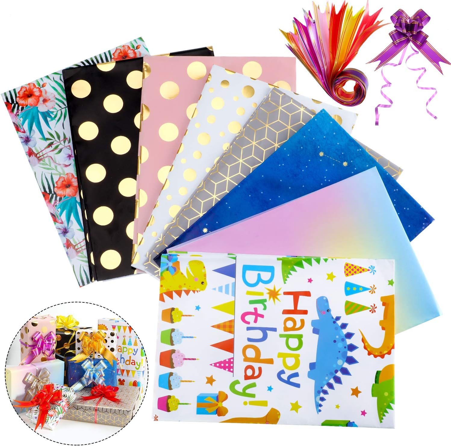 Geschenkpapier Set – 8 Bögen mit 12 Schleifen (70x50cm, verschiedene Muster)
