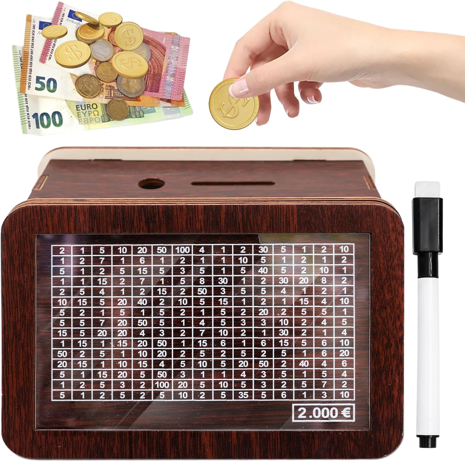 LÜNIC Sparbox aus Holz mit Zahlen zum Ankreuzen mit Sparziel 1000€, 2000 € und 3000 €