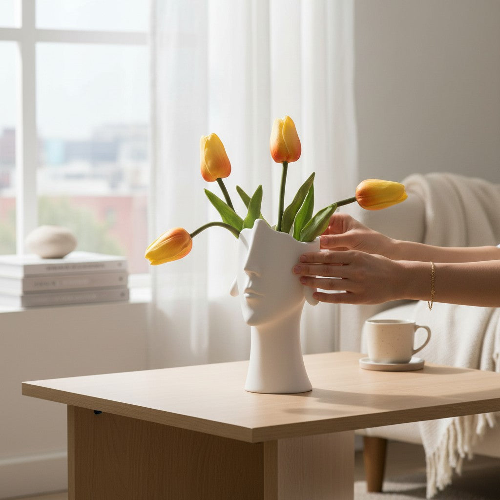 Vase Keramik weiß, Gesicht Kopf Deko Blumenvase Tischvase
