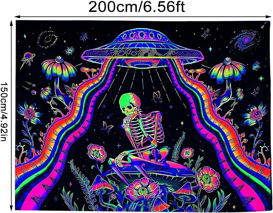 Wandteppich Skelett Raumschiff – UV Reaktive Wandtuch Schwarzlicht leuchtender Wanddekoration