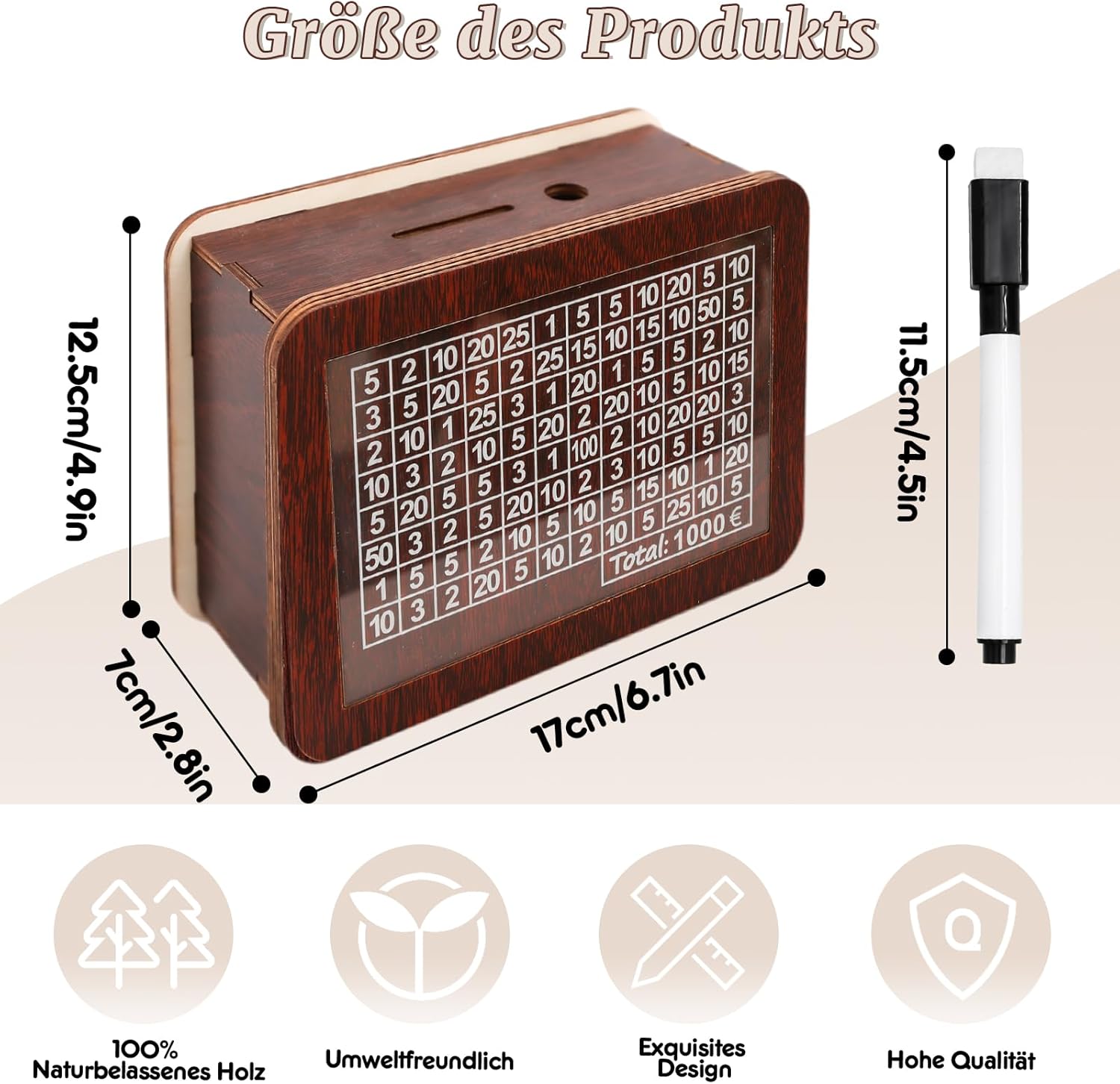 LÜNIC Sparbox aus Holz mit Zahlen zum Ankreuzen mit Sparziel 1000€, 2000 € und 3000 €