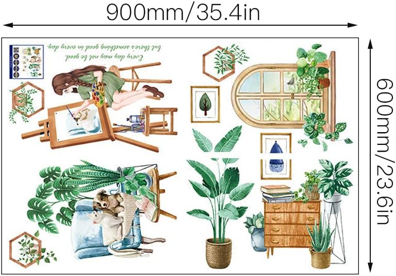 Wandtattoo Wandaufkleber Fensteraufkleber Pflanzen Fensterbrett mit Mädchen-Motiv