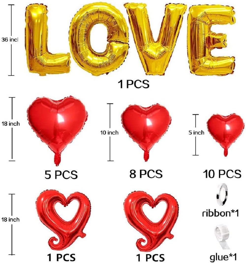 28 Stück LOVE Herz XXL Folienballon Set rot gold
