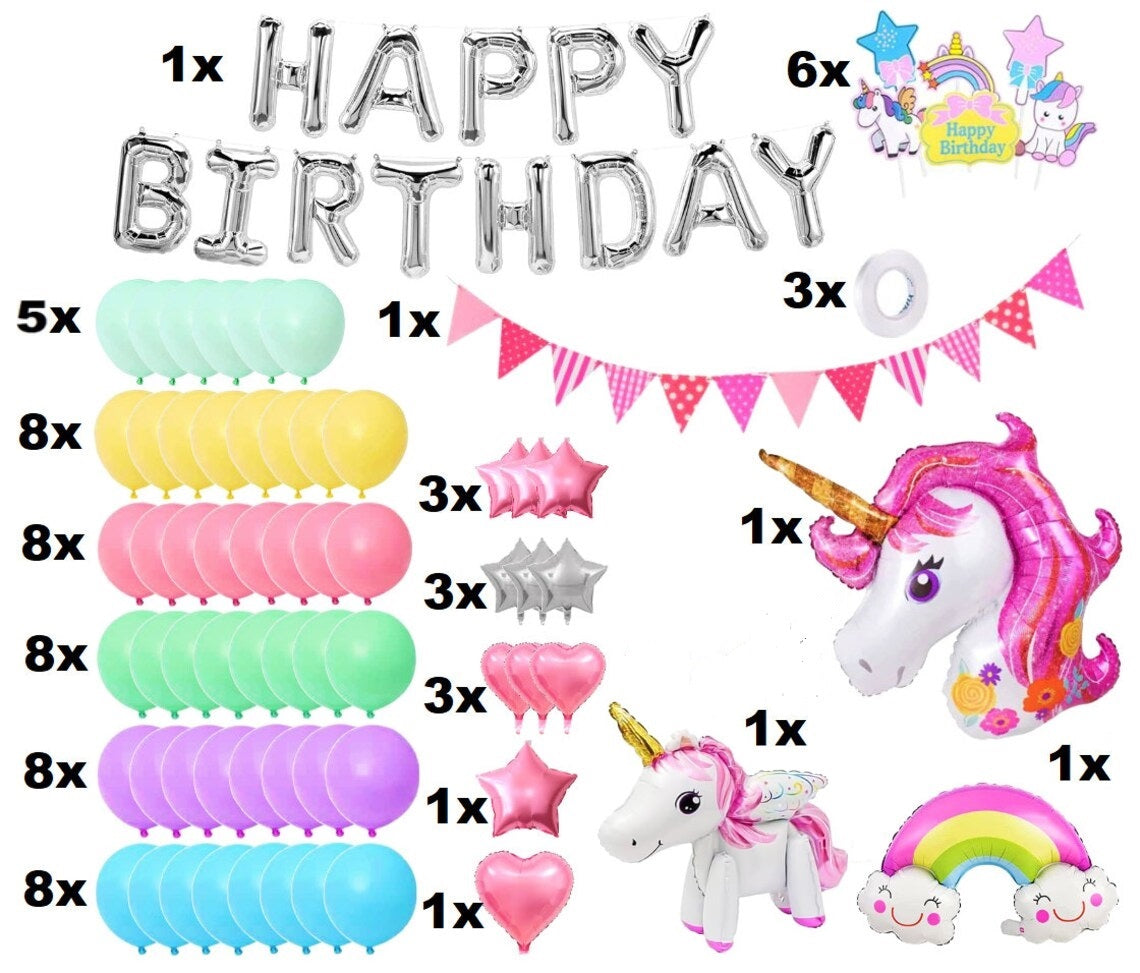 70 Stück Geburtstag Einhorn Unicorn Folienballon Luftballon Set