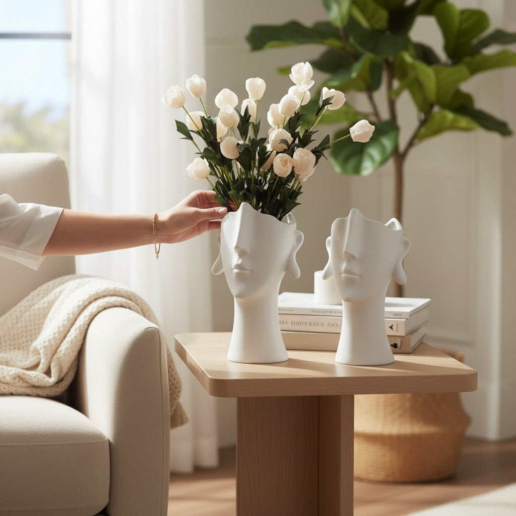 Vase Keramik weiß, Gesicht Kopf Deko Blumenvase Tischvase