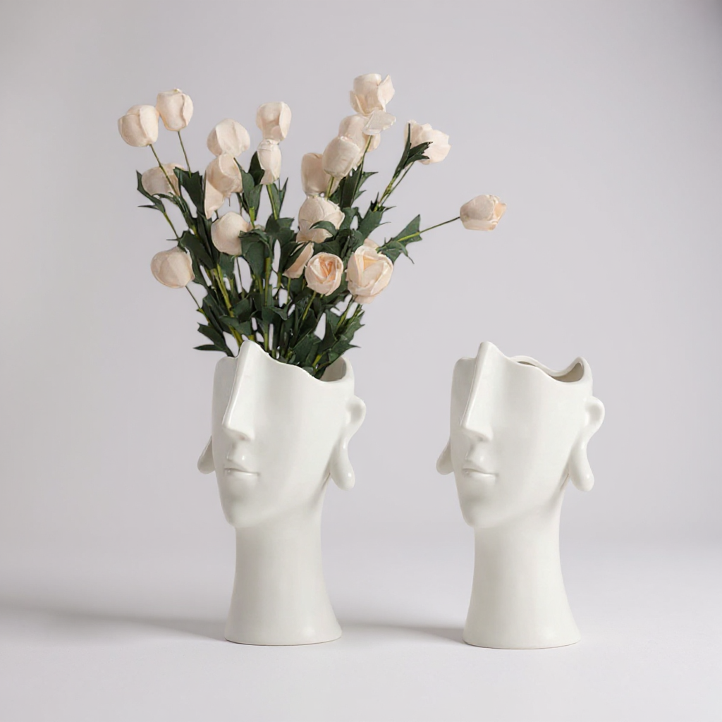 Vase Keramik weiß, Gesicht Kopf Deko Blumenvase Tischvase