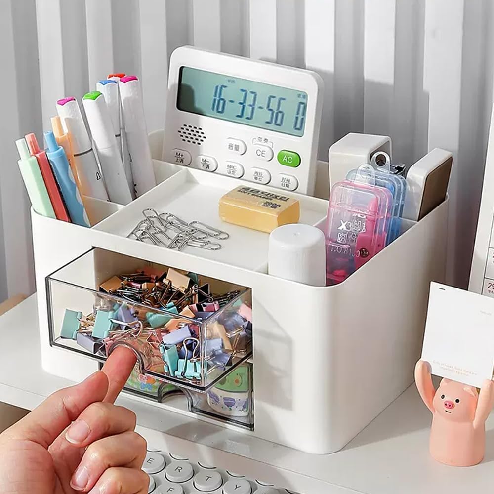 LÜNIC Organizer Schreibtisch Stifte Make Up mit 5 Fächer und 2 Schubladen weiß