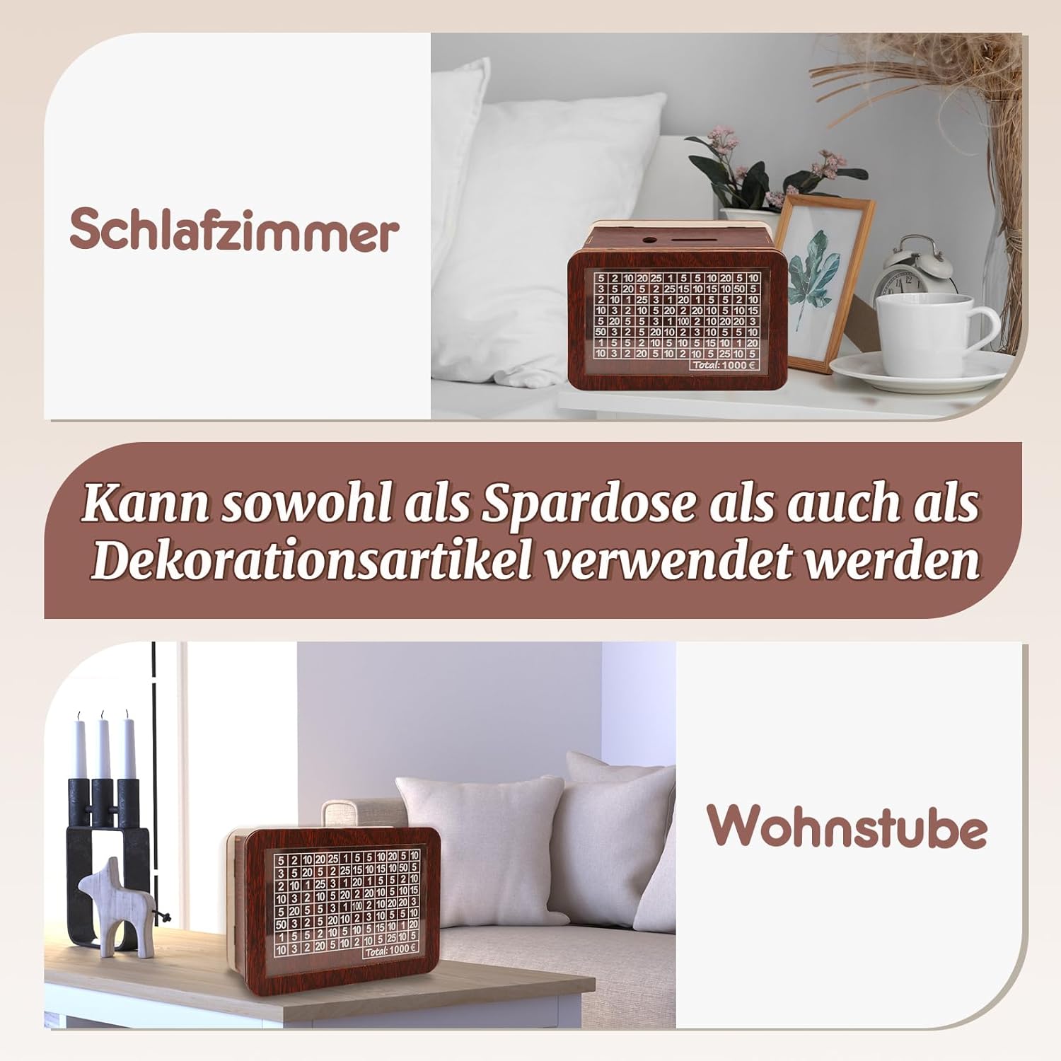 LÜNIC Sparbox aus Holz mit Zahlen zum Ankreuzen mit Sparziel 1000€, 2000 € und 3000 €