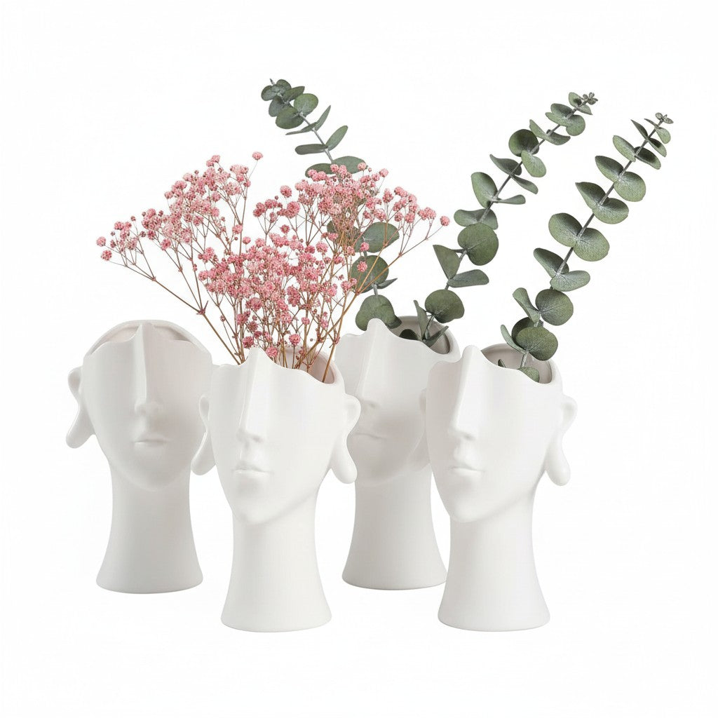 Vase Keramik weiß, Gesicht Kopf Deko Blumenvase Tischvase