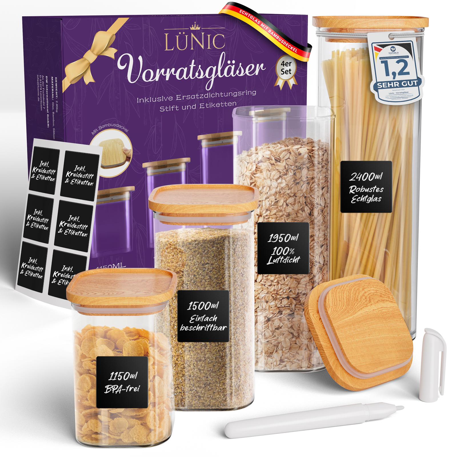 LÜNIC Vorratsgläser Vorratsdosen mit Bambusdeckel – eckig stapelbar