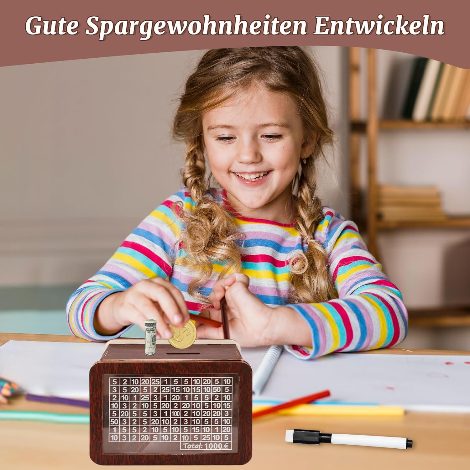 LÜNIC Sparbox aus Holz mit Zahlen zum Ankreuzen mit Sparziel 1000€, 2000 € und 3000 €