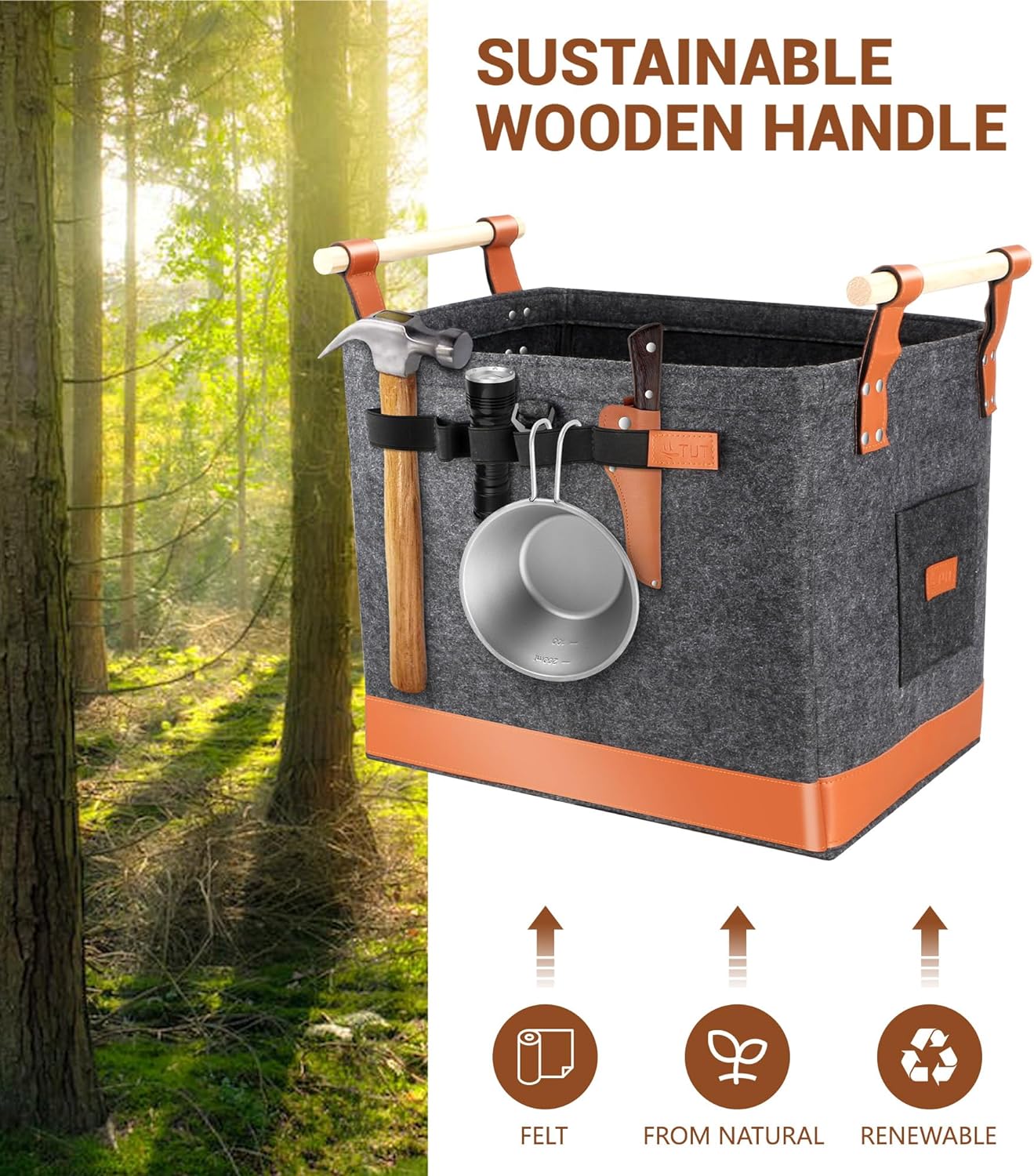 LÜNIC Holzkorb aus Filz für Kaminholz 50 L, Filztasche mit Extra Dicker Filz und Holzgriff