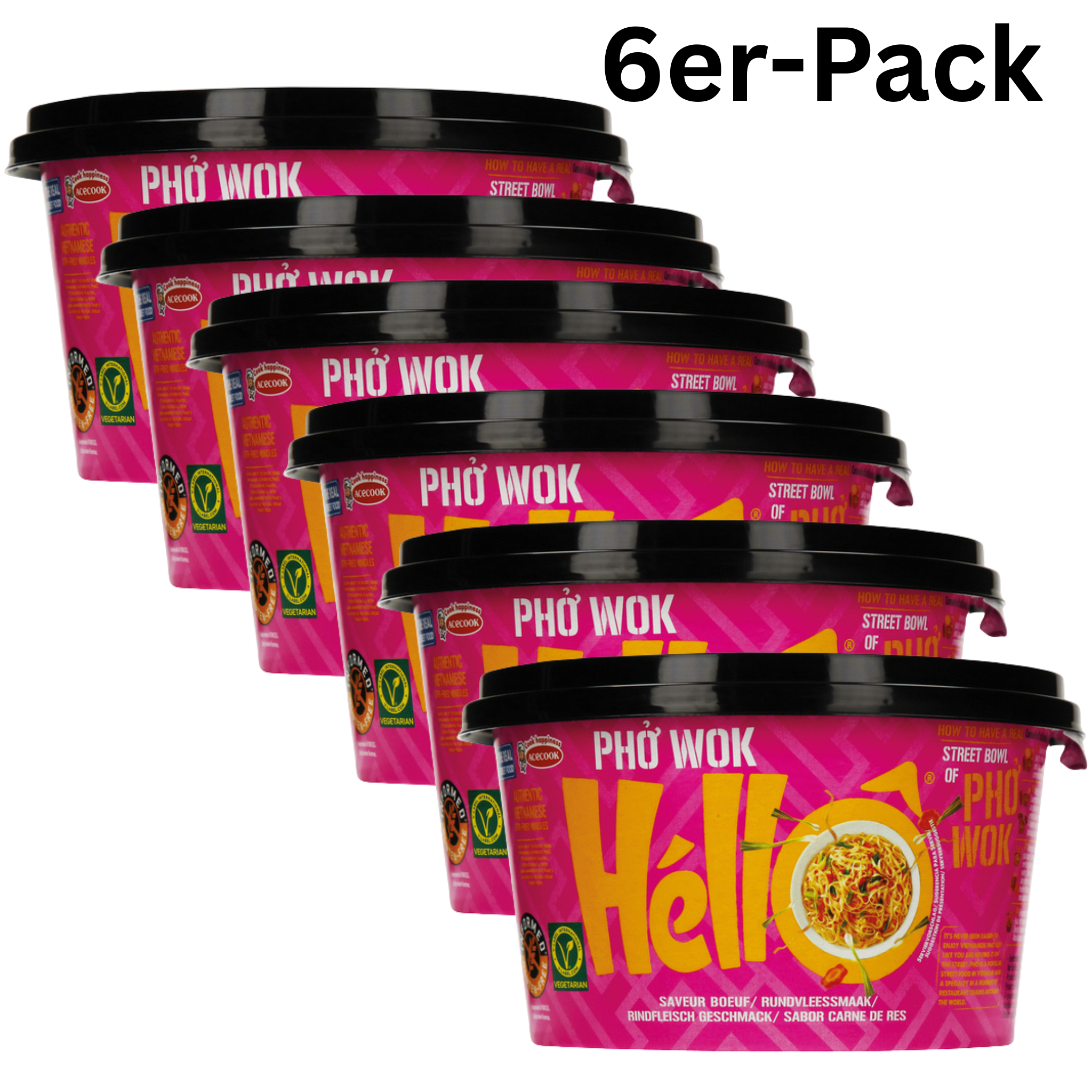 Acecook Pho Wok Hello Instant Reisnudeln Rindfleisch Cup 76g (6er-Pack)