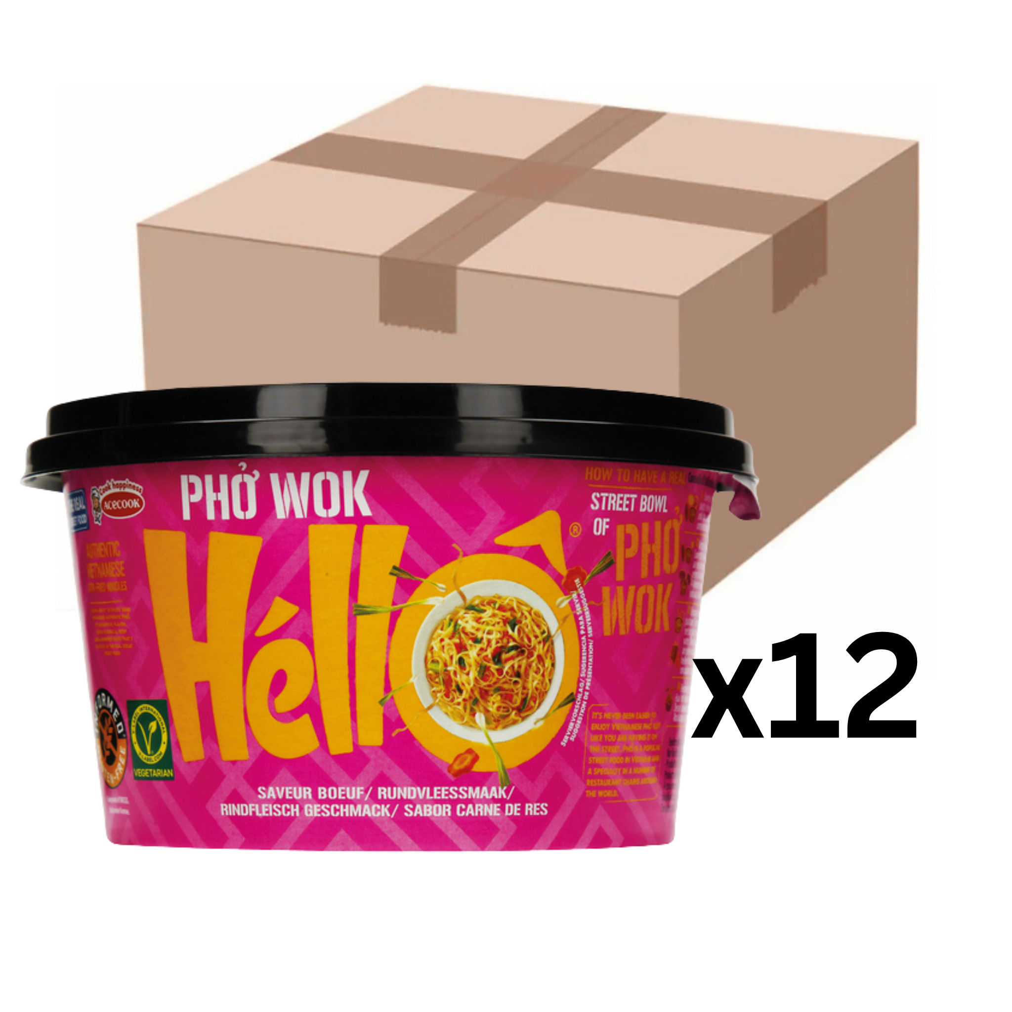 Acecook Pho Wok Hello Instant Reisnudeln Rindfleisch Cup 76g (12er-Pack)