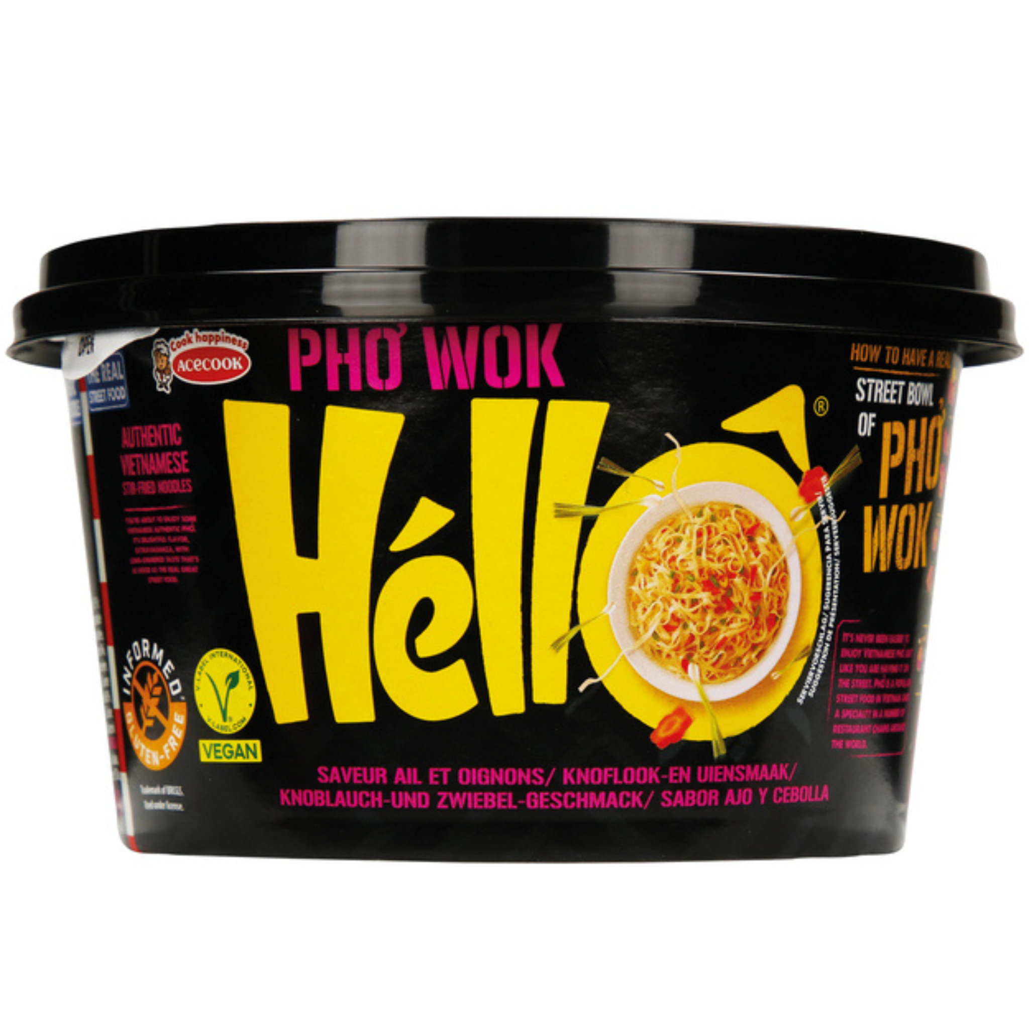 Acecook Pho Wok Hello Instant Reisnudeln Zwiebel & Knoblauch Cup 76g (12er-Pack)