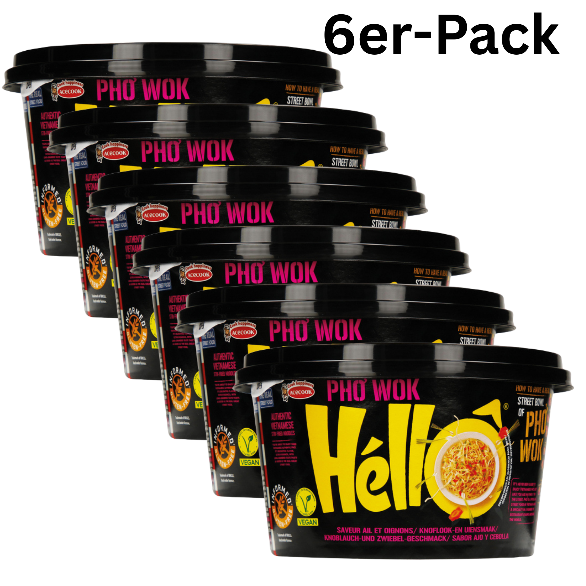 Acecook Pho Wok Hello Instant Reisnudeln Zwiebel & Knoblauch Cup 76g (6er-Pack)