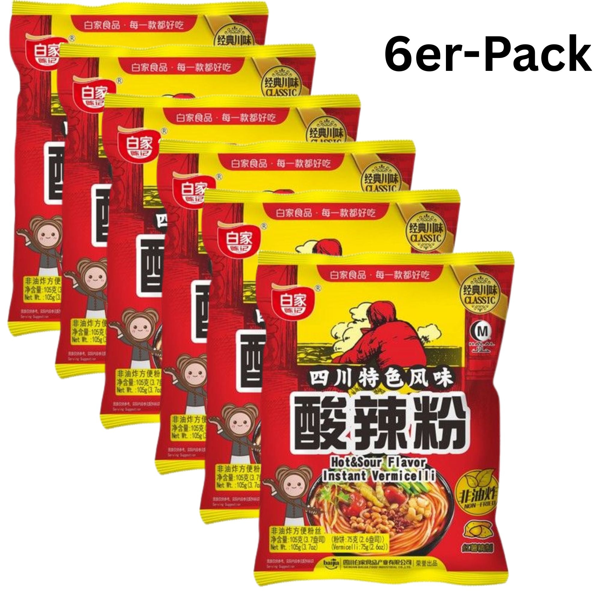 Baijia Instantnudeln Vermicelli Hot & Sour 105g (6er-Pack)