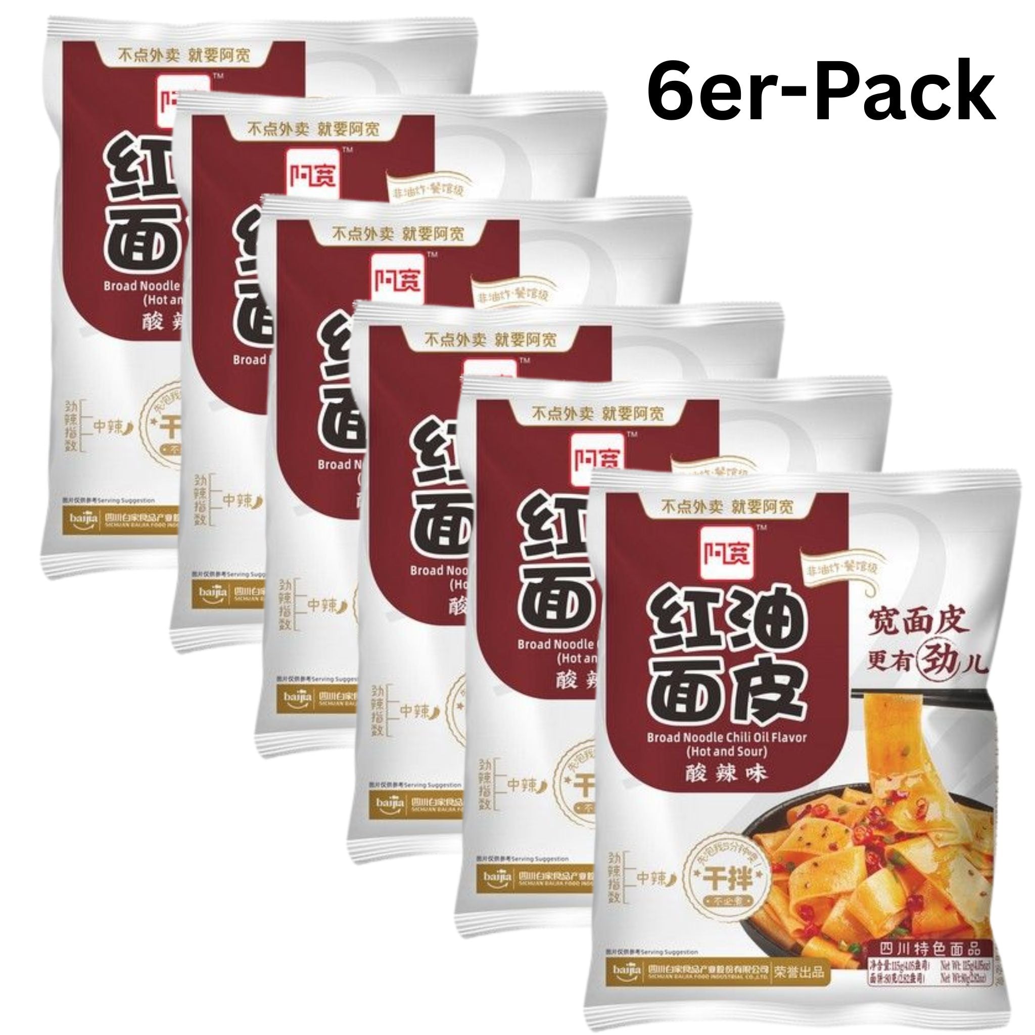 Baijia A-Kuan Breite Nudeln Hot & Sour 115g (6er-Pack)