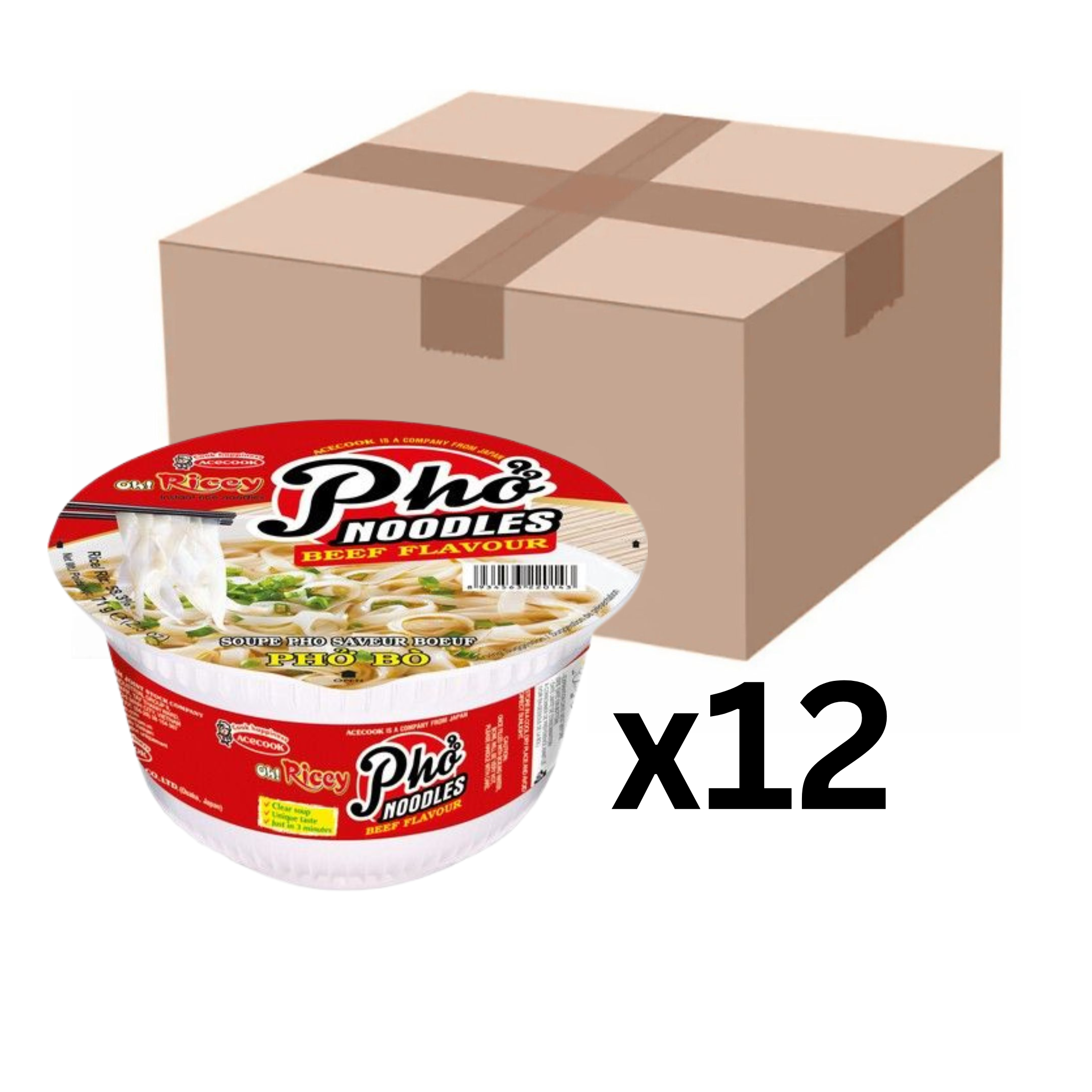 Acecook Oh Ricey Instant Reisnudelsuppe Pho Bo Rind Cup 71g (12er-Pack)