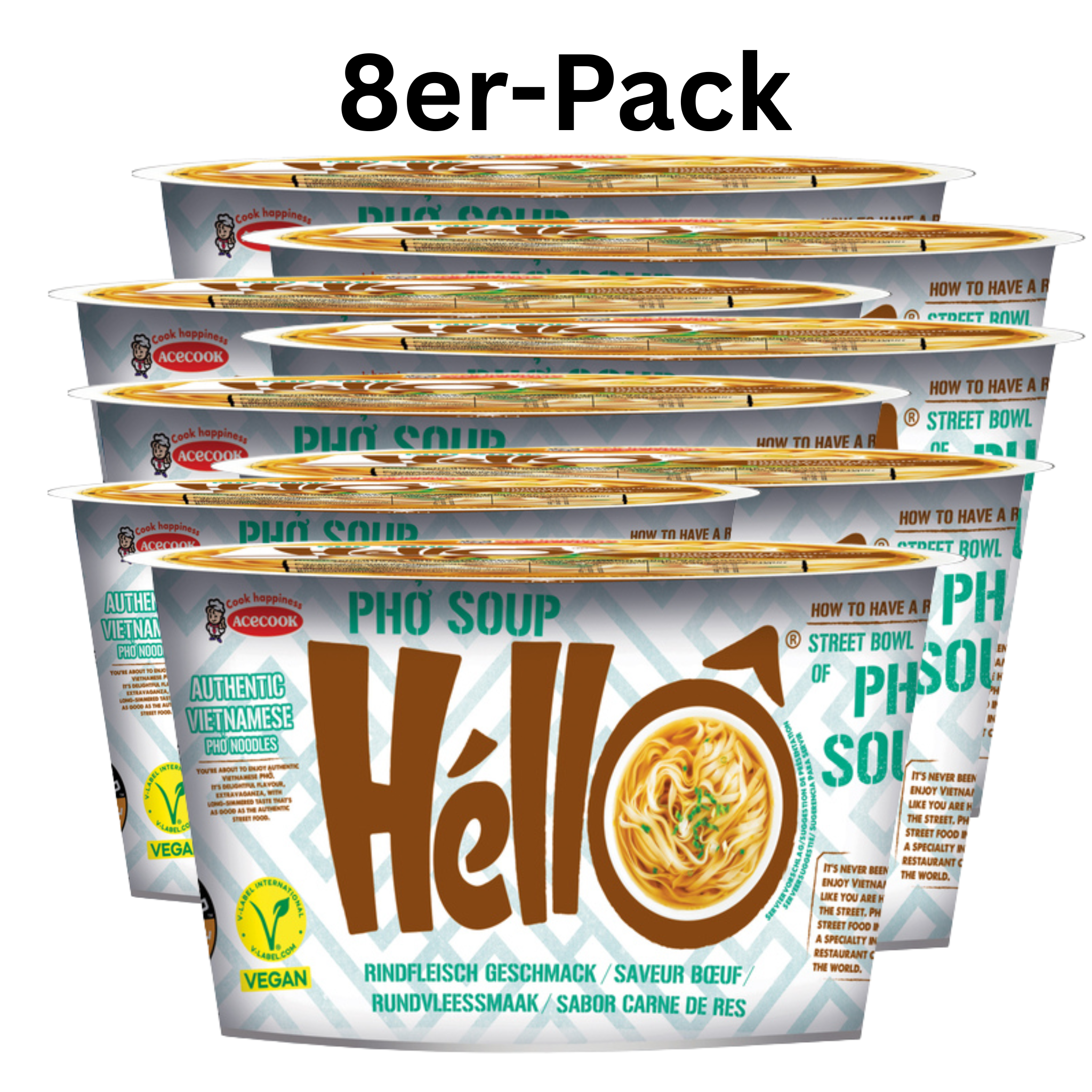 Acecook Pho Soup Hello Instant Reisnudeln Rind Cup 70g (8er-Pack)