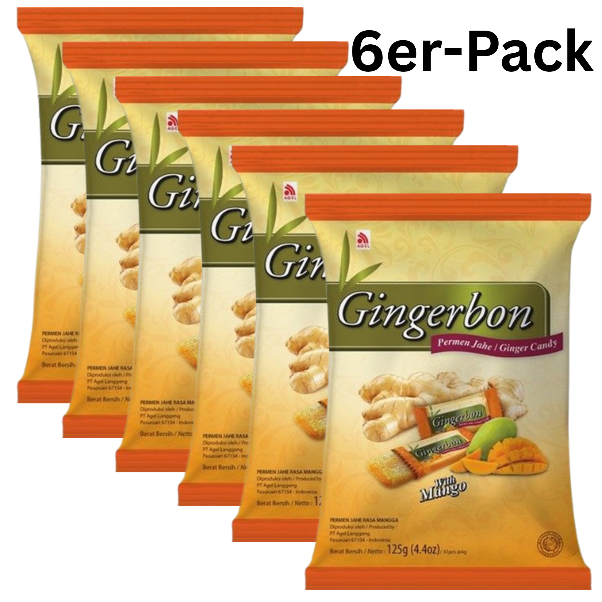 Gingerbon Kaubonbons Ingwer Mango 125g (6er-Pack)