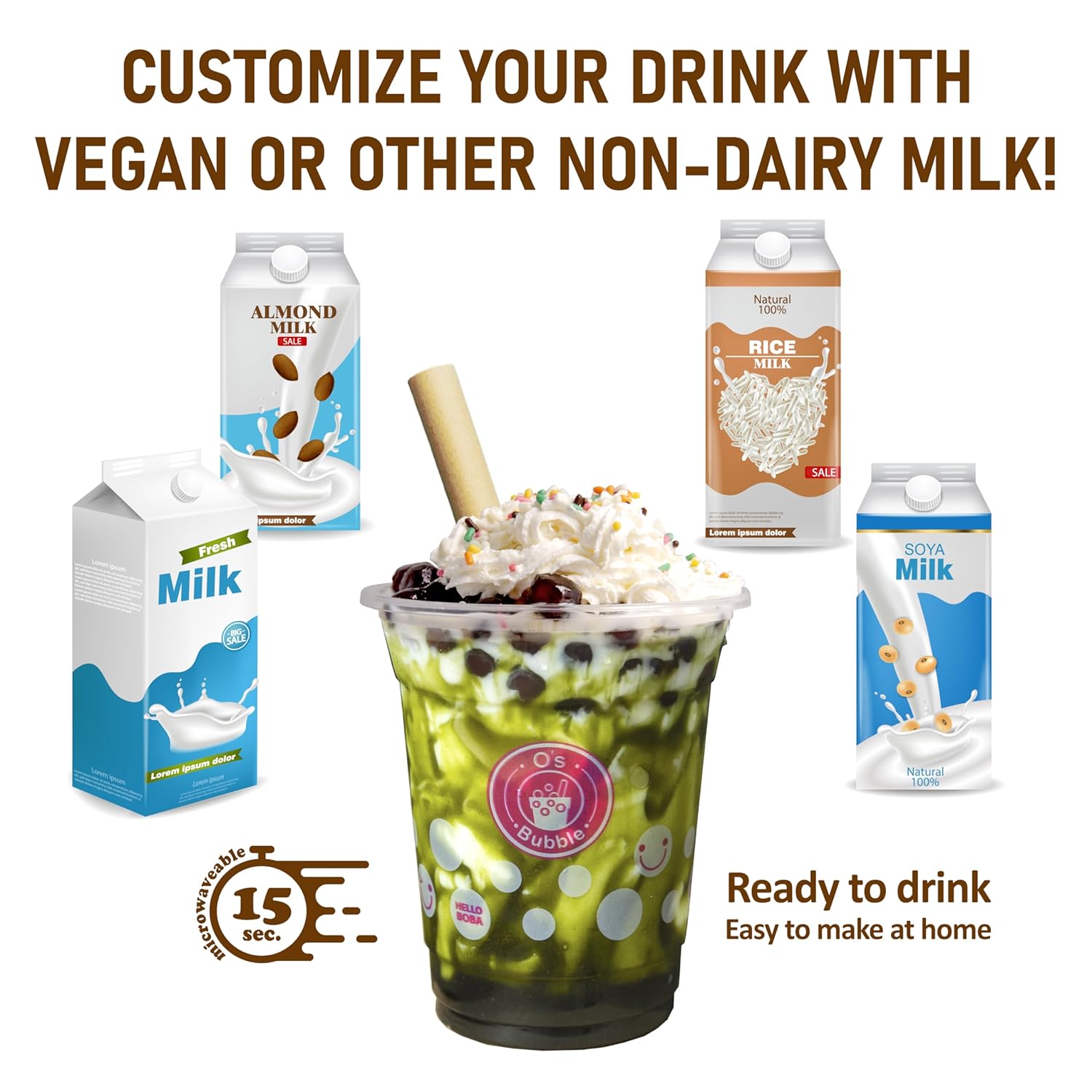 O's Bubble Instant Boba Bubble Tea Party Kit (6 Portionen) 360 g |Taro, Matcha, brauner Zucker