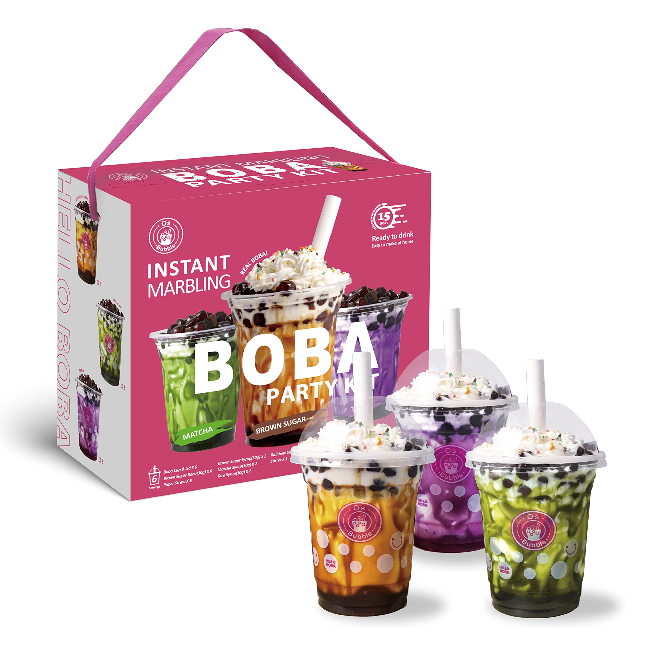 O's Bubble Instant Boba Bubble Tea Party Kit (6 Portionen) 360 g |Taro, Matcha, brauner Zucker