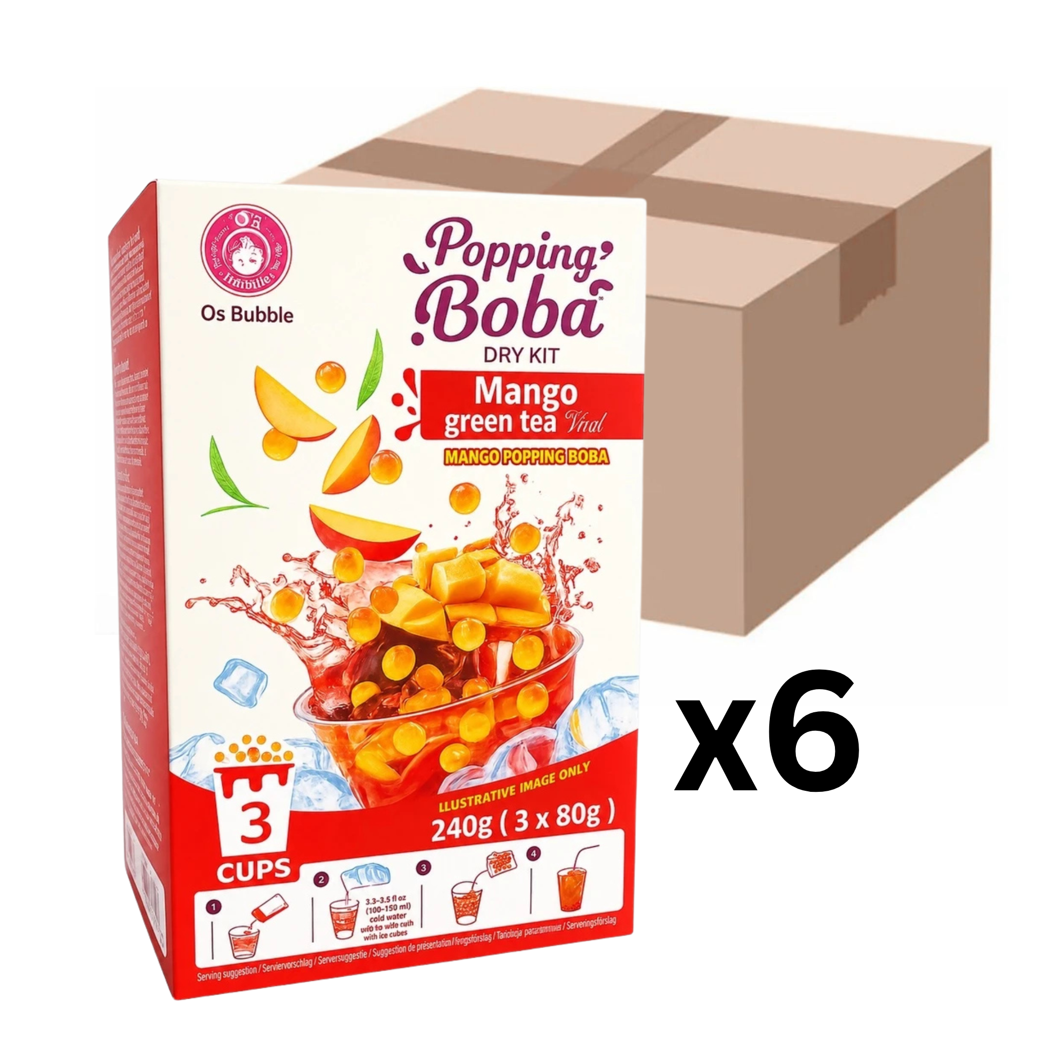 O's Bubble Popping Boba DIY Kit Drink Mango Green Tea 240g (3x80g) (6er-Pack)