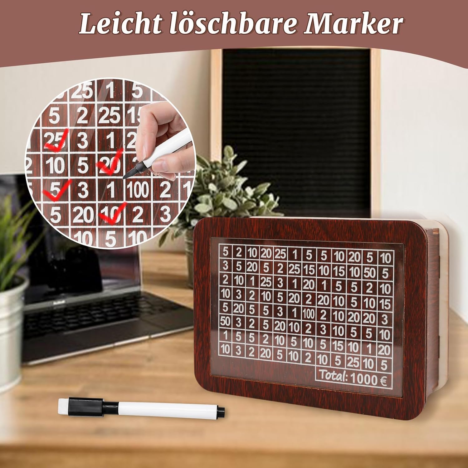 LÜNIC Sparbox aus Holz mit Zahlen zum Ankreuzen mit Sparziel 1000€, 2000 € und 3000 €