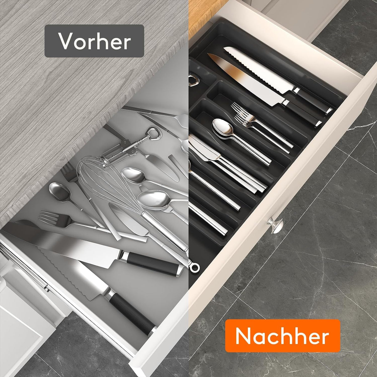Besteckkasten Besteckeinsatz Schubladen aus Kunststoff, verstellbar, schwarz