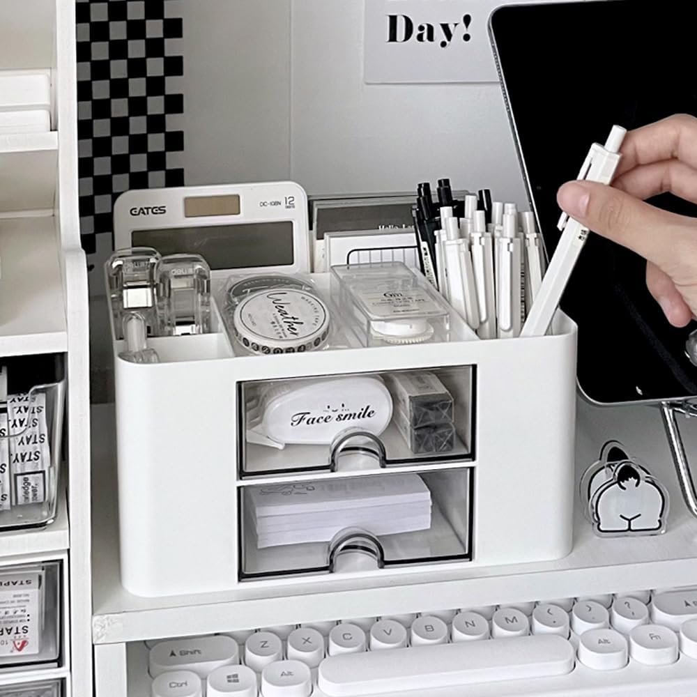 LÜNIC Organizer Schreibtisch Stifte Make Up mit 5 Fächer und 2 Schubladen weiß
