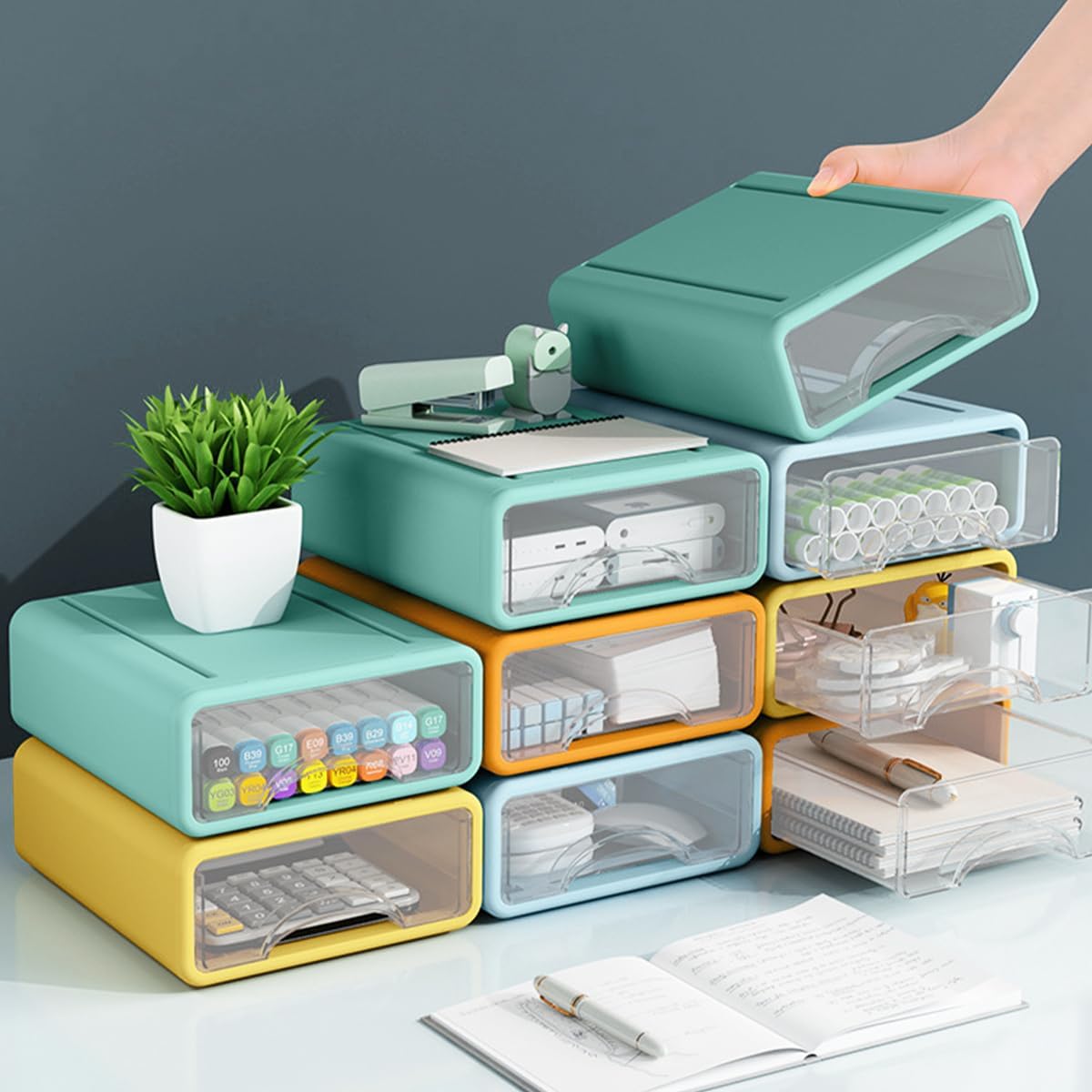 LÜNIC 3er-Set Stapelbare Schubladenbox Organizer Schreibtisch (3 Farben)