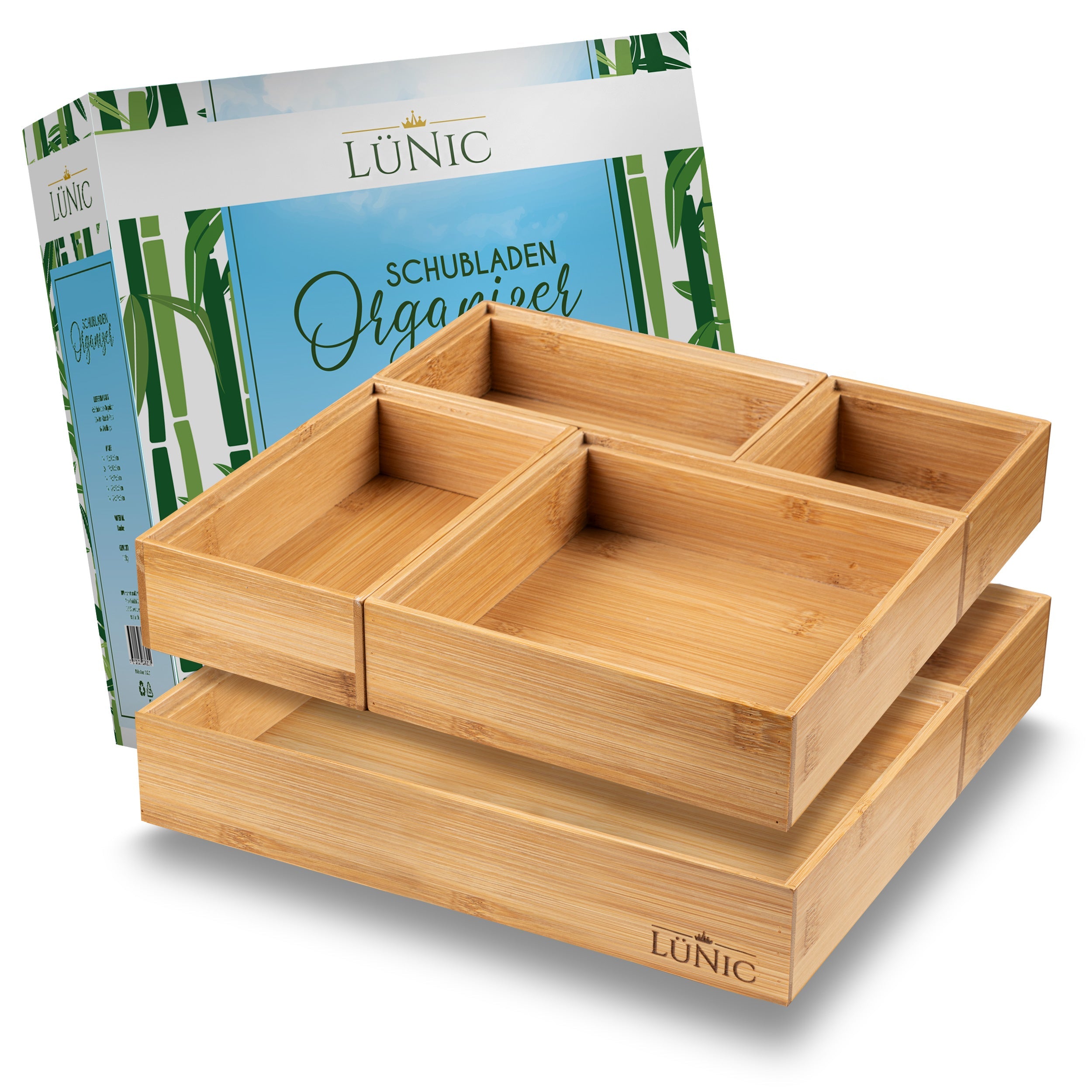LÜNIC Schubladenbox Organizer aus Bambus Sortierbox, 6-teilig