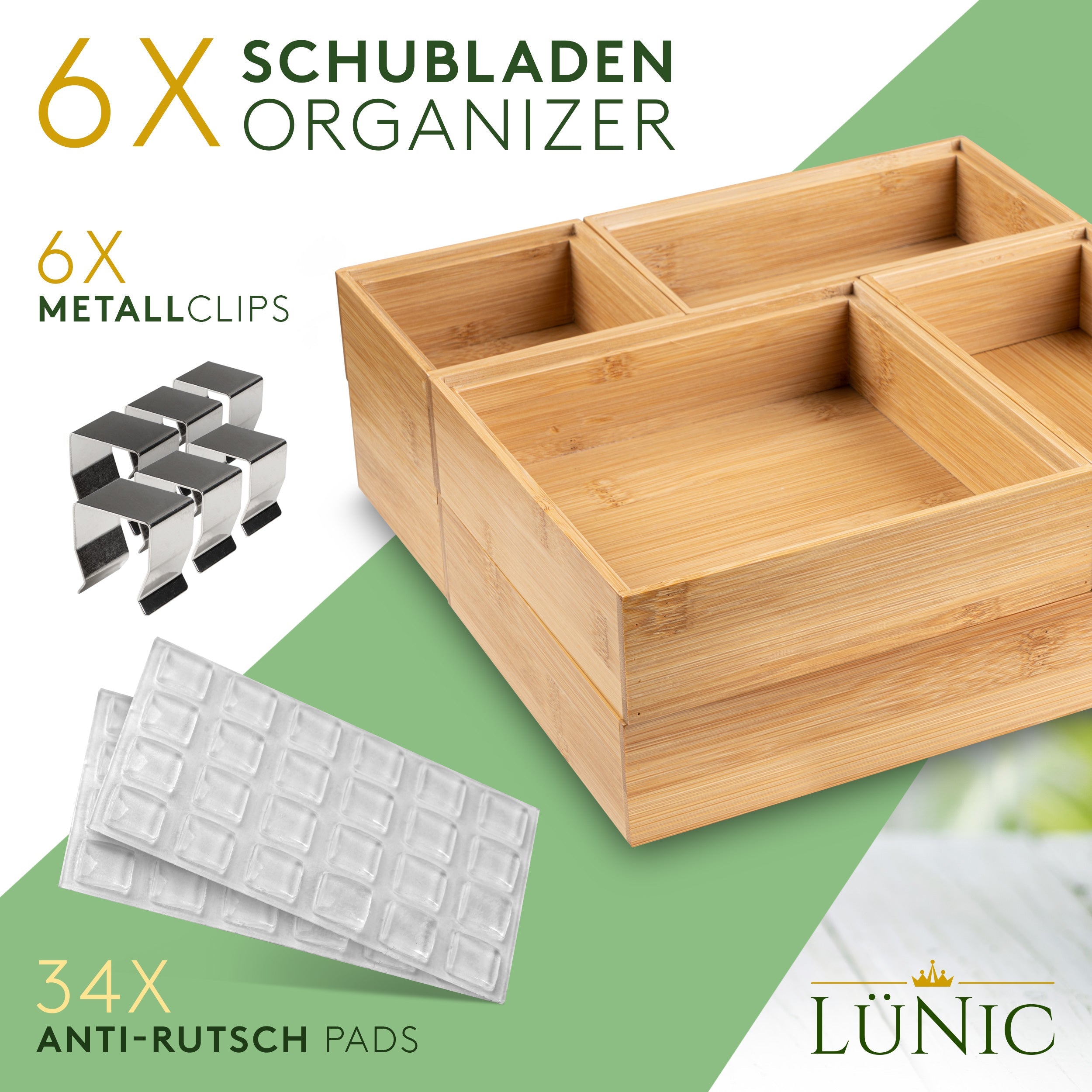 LÜNIC Schubladenbox Organizer aus Bambus Sortierbox, 6-teilig