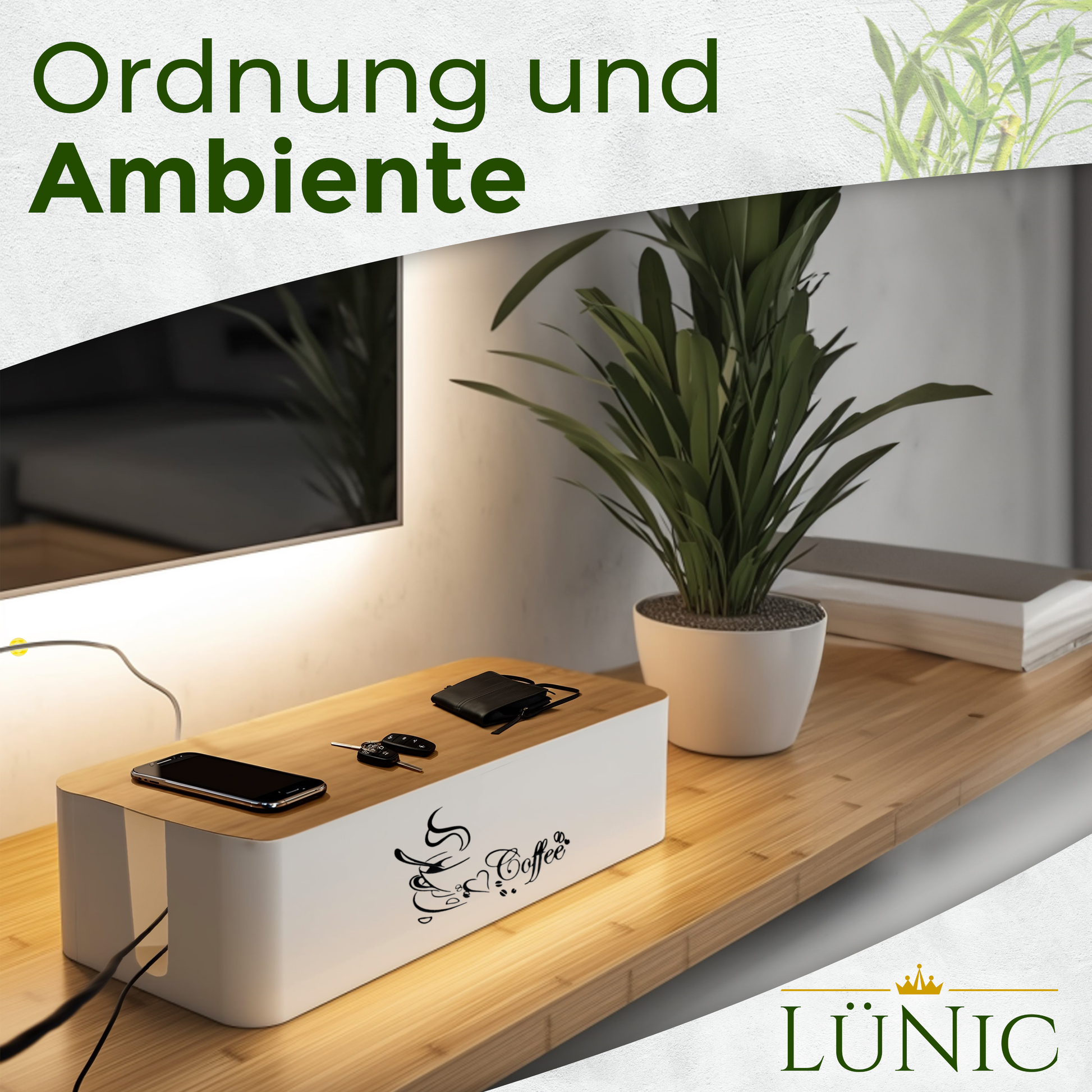 LÜNIC Kabelbox 2er Set mit Bambusdeckel weiß
