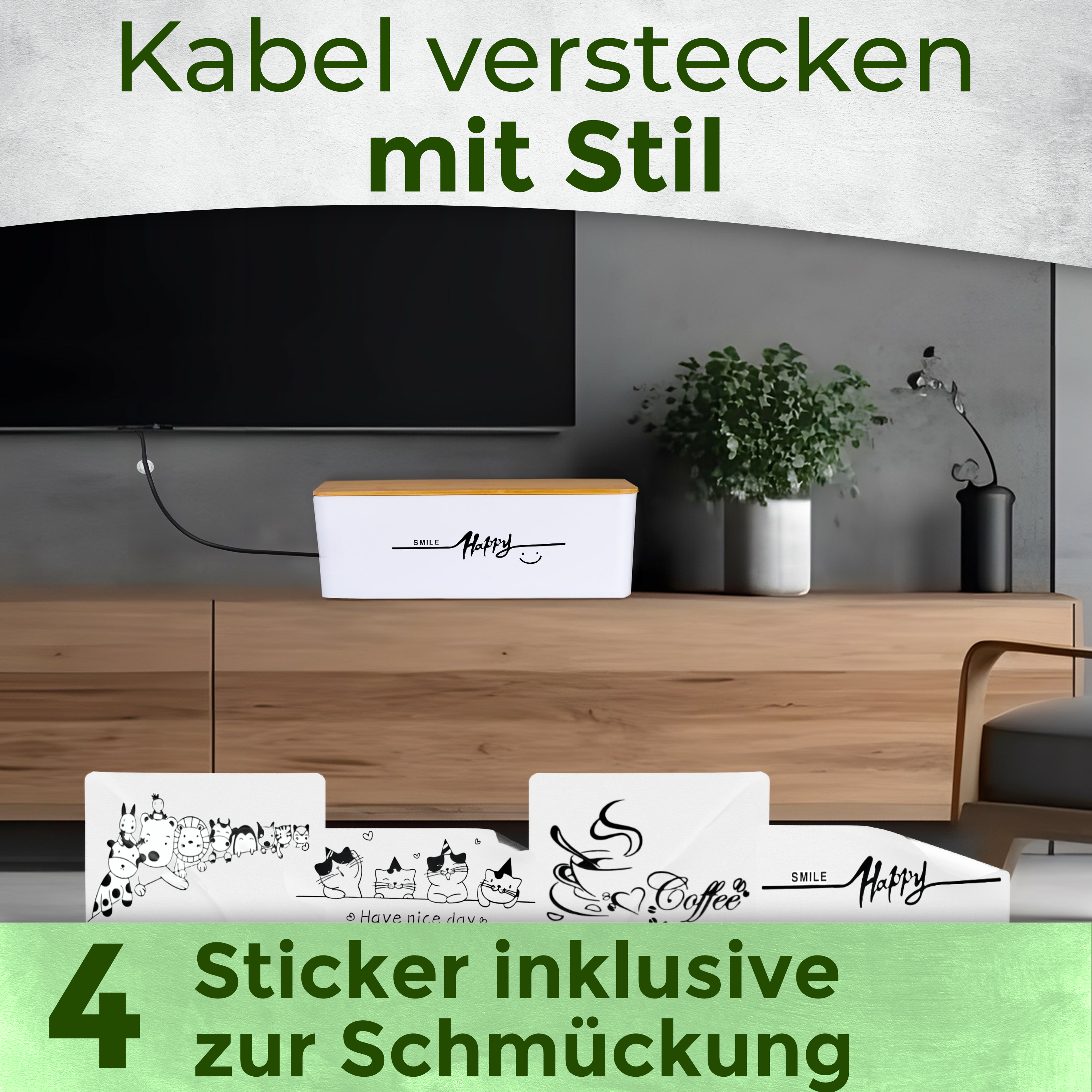 LÜNIC Kabelbox 2er Set mit Bambusdeckel weiß