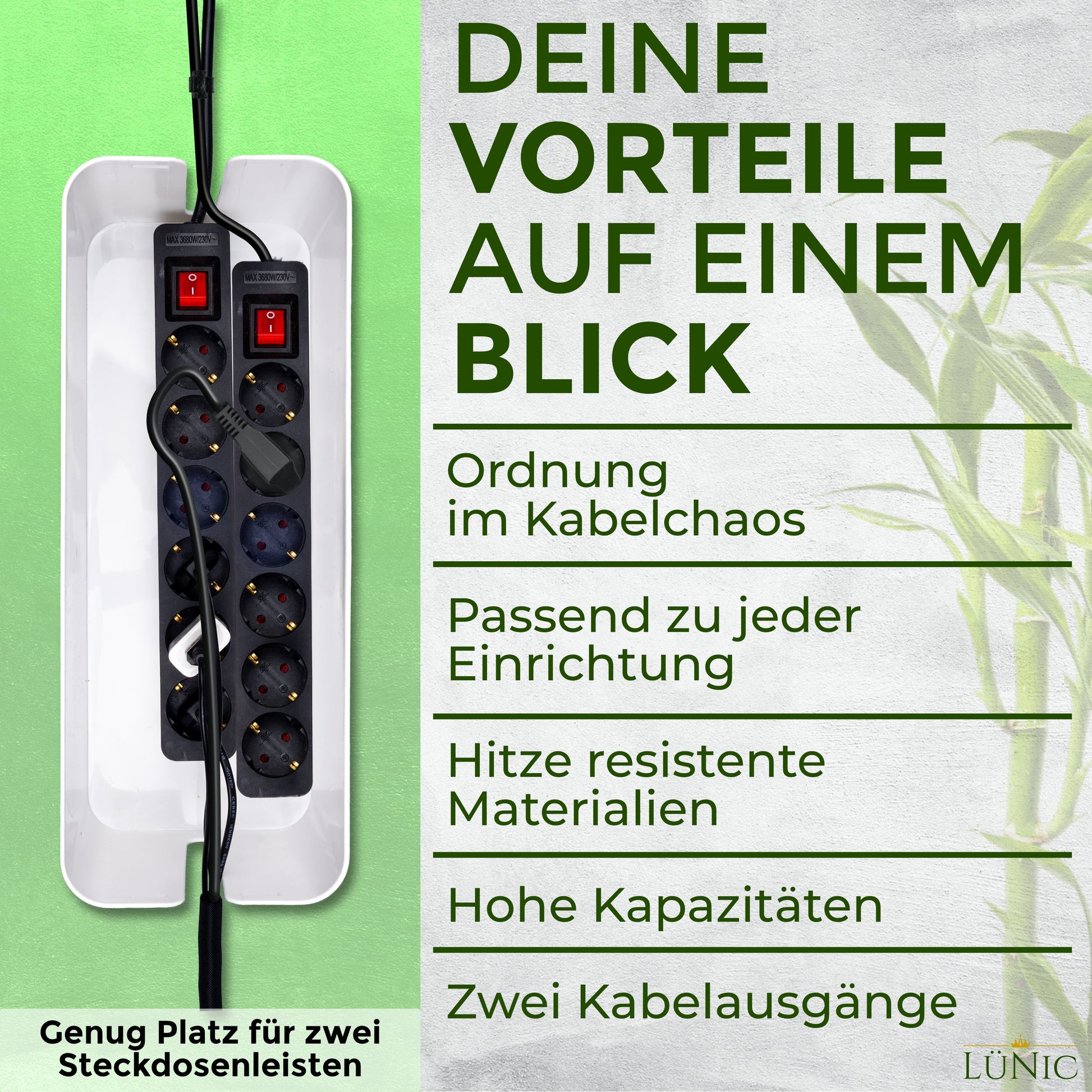 LÜNIC Kabelbox 2er Set mit Bambusdeckel weiß