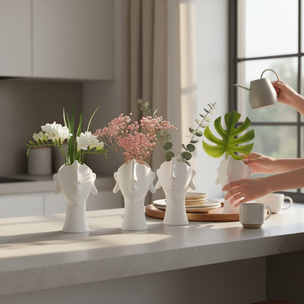 Vase Keramik weiß, Gesicht Kopf Deko Blumenvase Tischvase