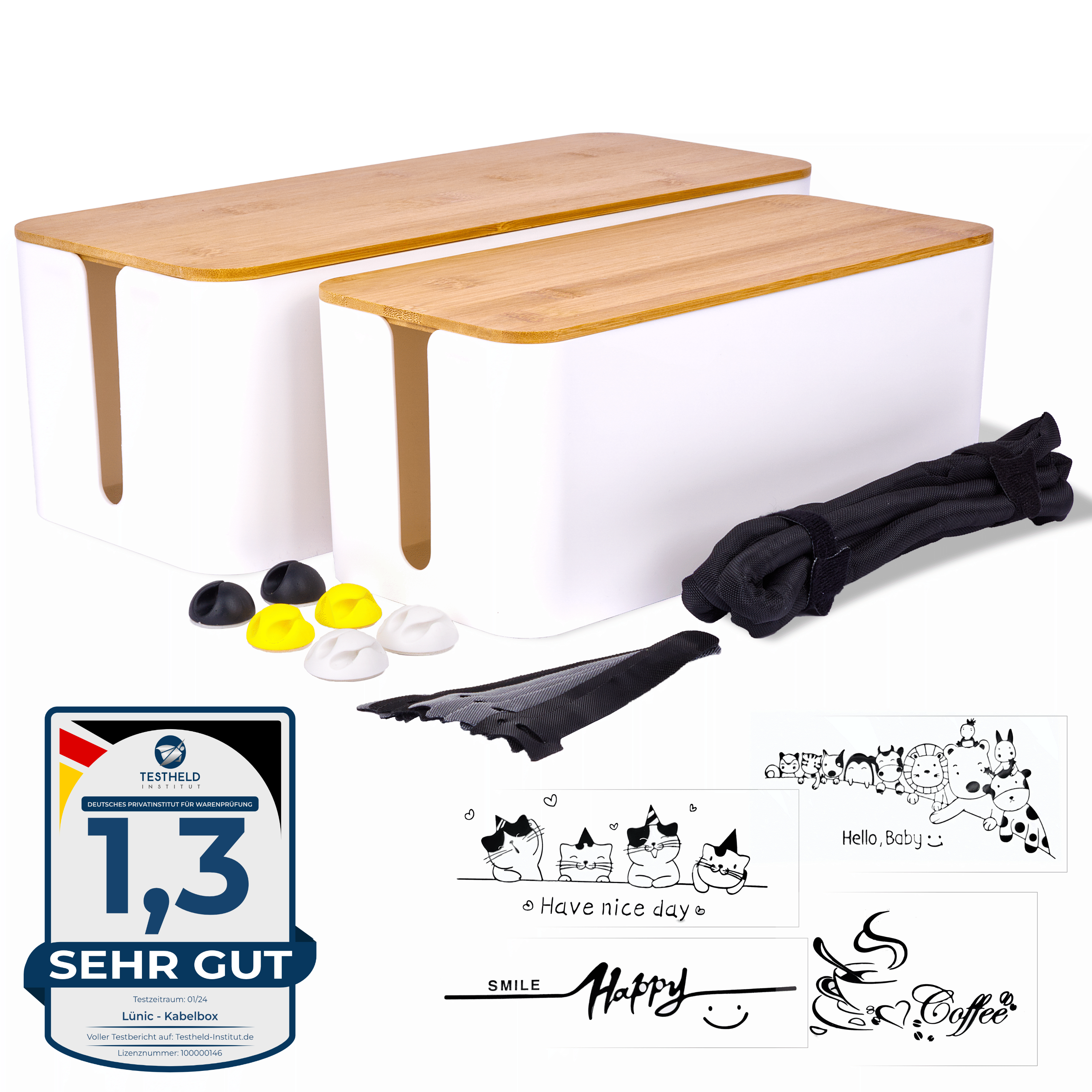 LÜNIC Kabelbox 2er Set mit Bambusdeckel weiß